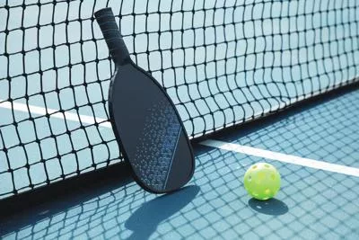 Pickleball bat and ball against net