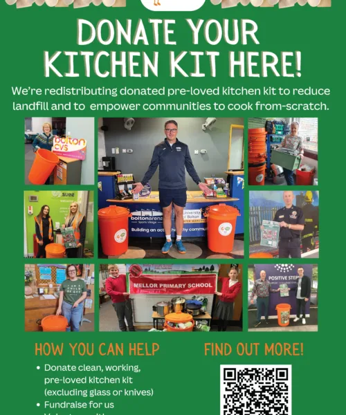 Image of 6253Arena charity appeal seeking preloved kitchen kit and utensils project